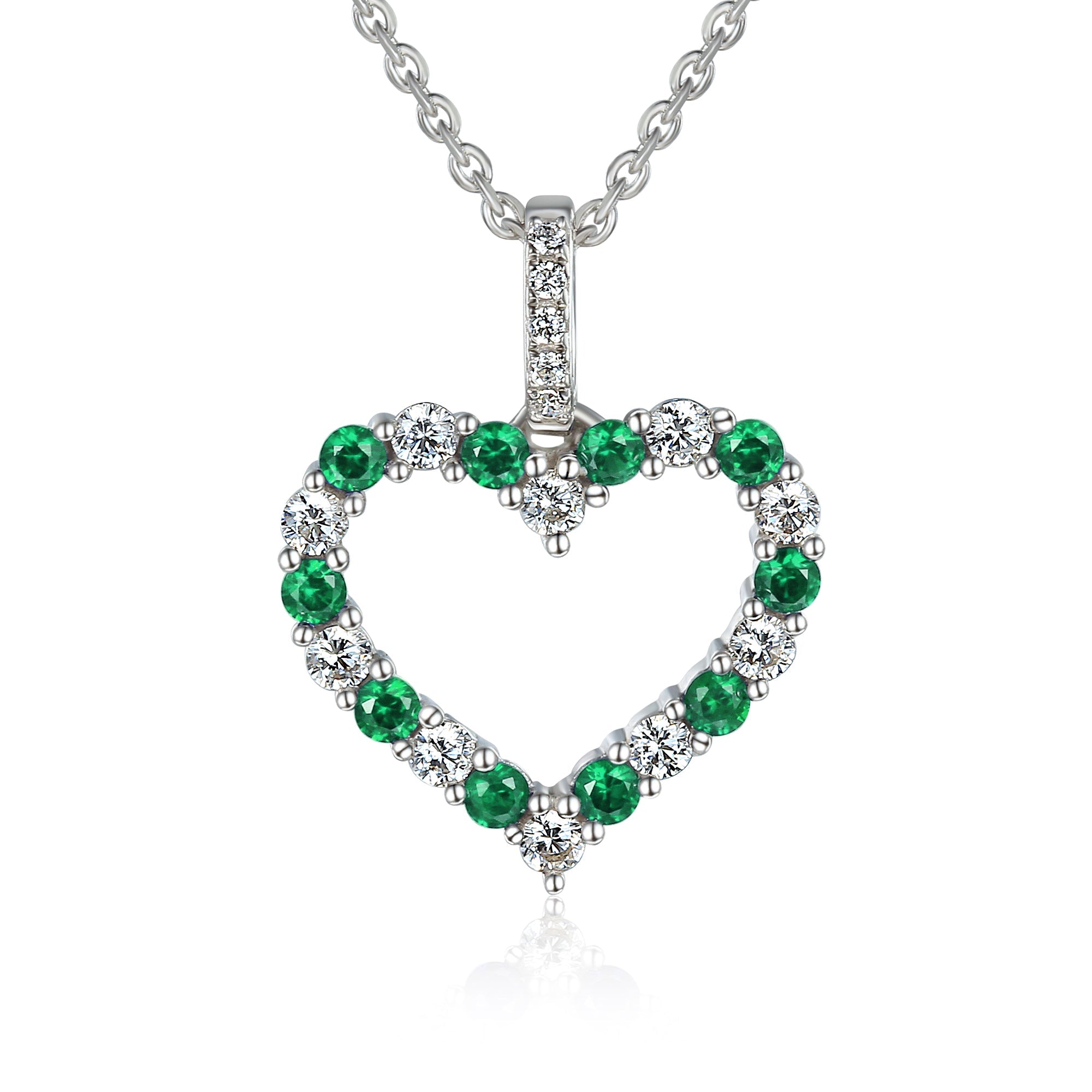 18k White Gold Emerald And Diamond 0.26ct Heart Pendant Necklace - The Real Gem