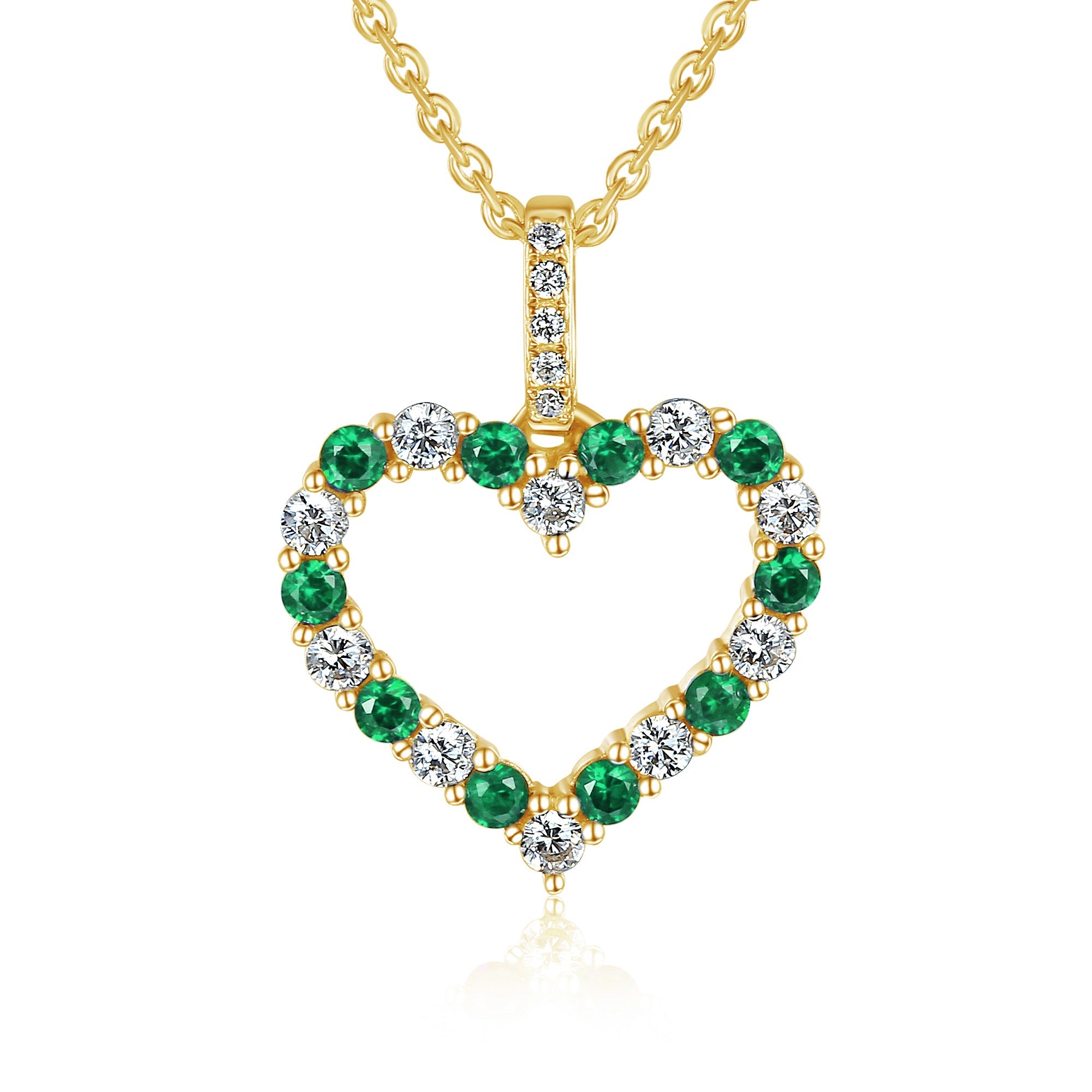 18k Yellow Gold Emerald And Diamond 0.26ct Heart Pendant Necklace - The Real Gem