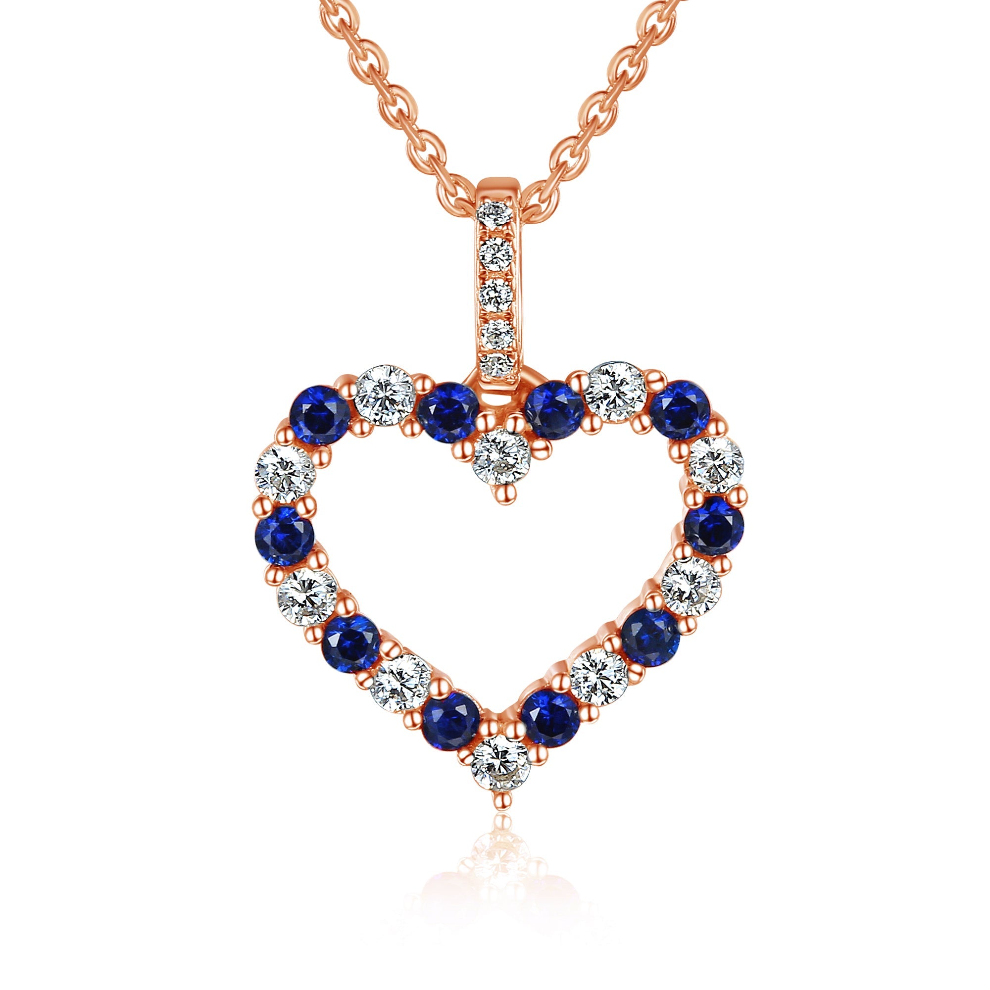 18k Rose Gold Blue Sapphire And Diamond 0.26ct Heart Pendant Necklace - The Real Gem