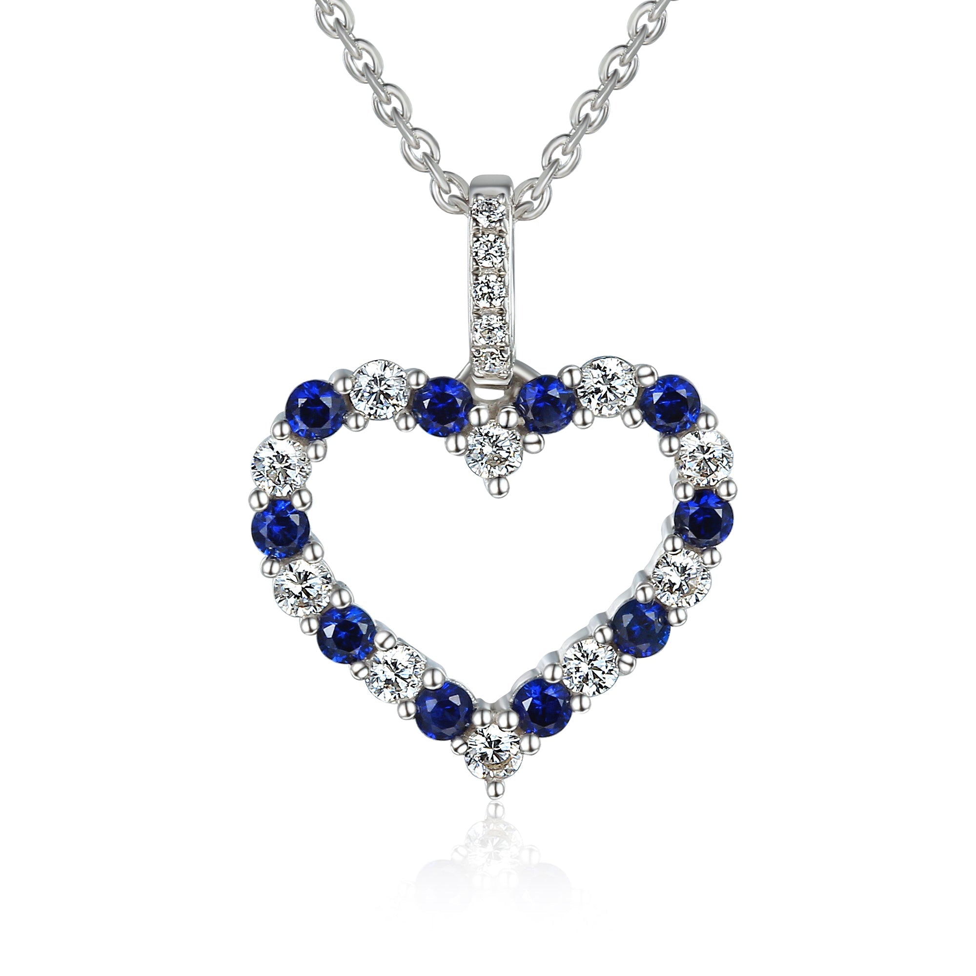 18k White Gold Blue Sapphire And Diamond 0.26ct Heart Pendant Necklace - The Real Gem