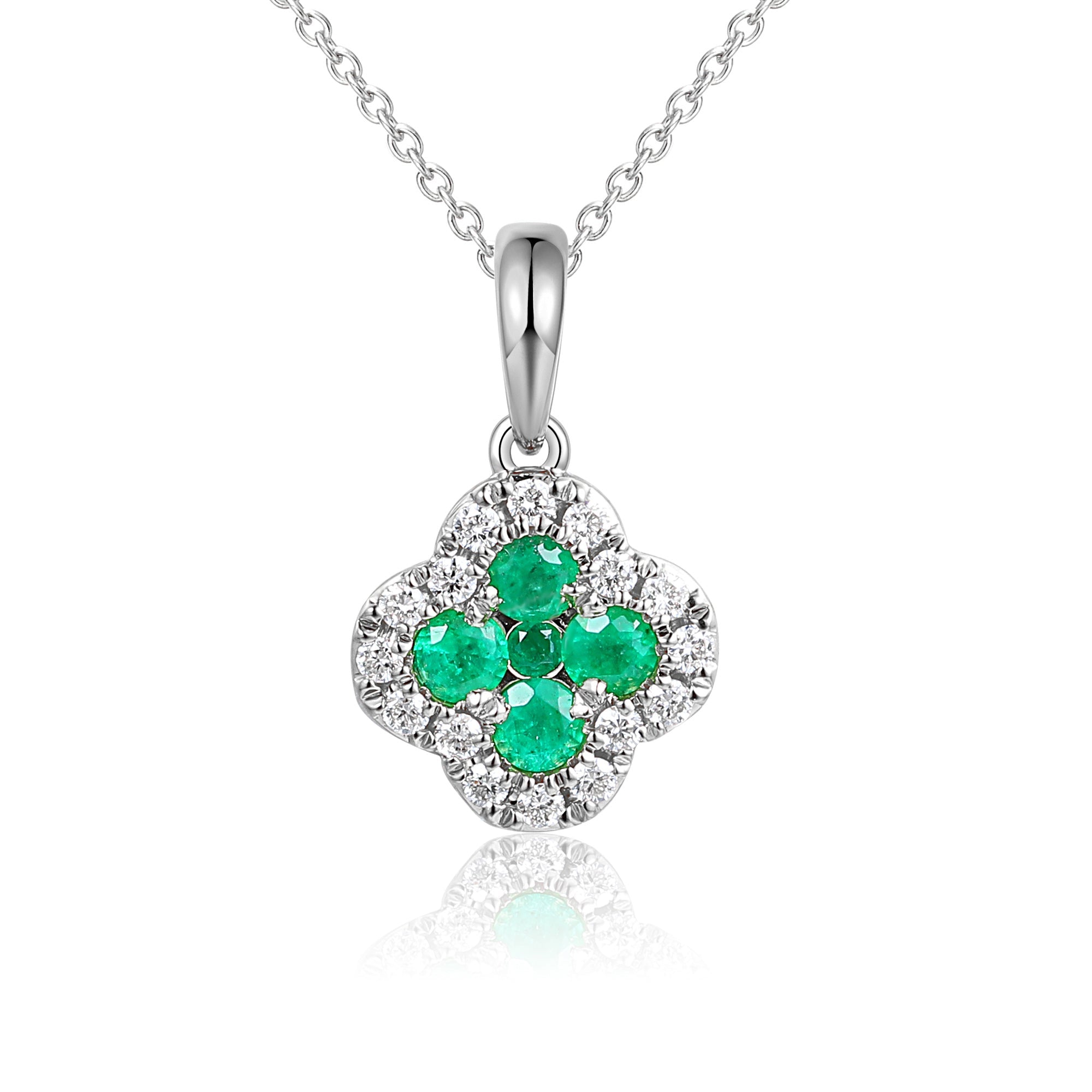 18k White Gold Clover Emerald And Diamond Cluster Pendant Necklace - The Real Gem