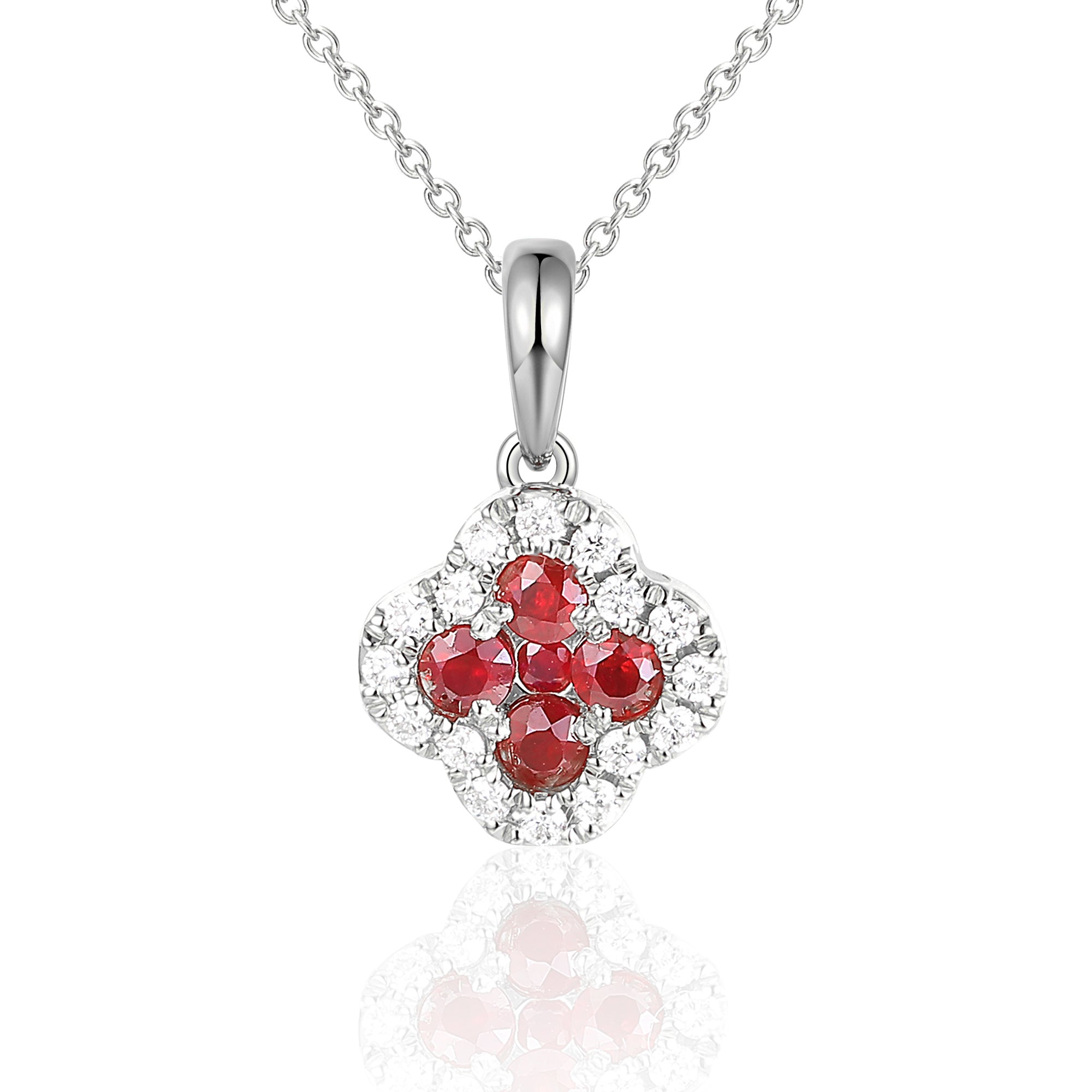 18k White Gold Clover Ruby And Diamond Cluster Pendant Necklace - The Real Gem