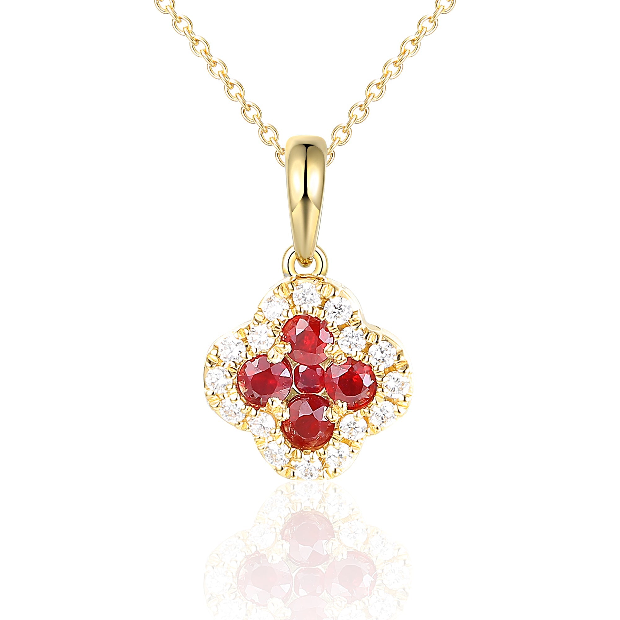18k Yellow Gold Clover Ruby And Diamond Cluster Pendant Necklace - The Real Gem