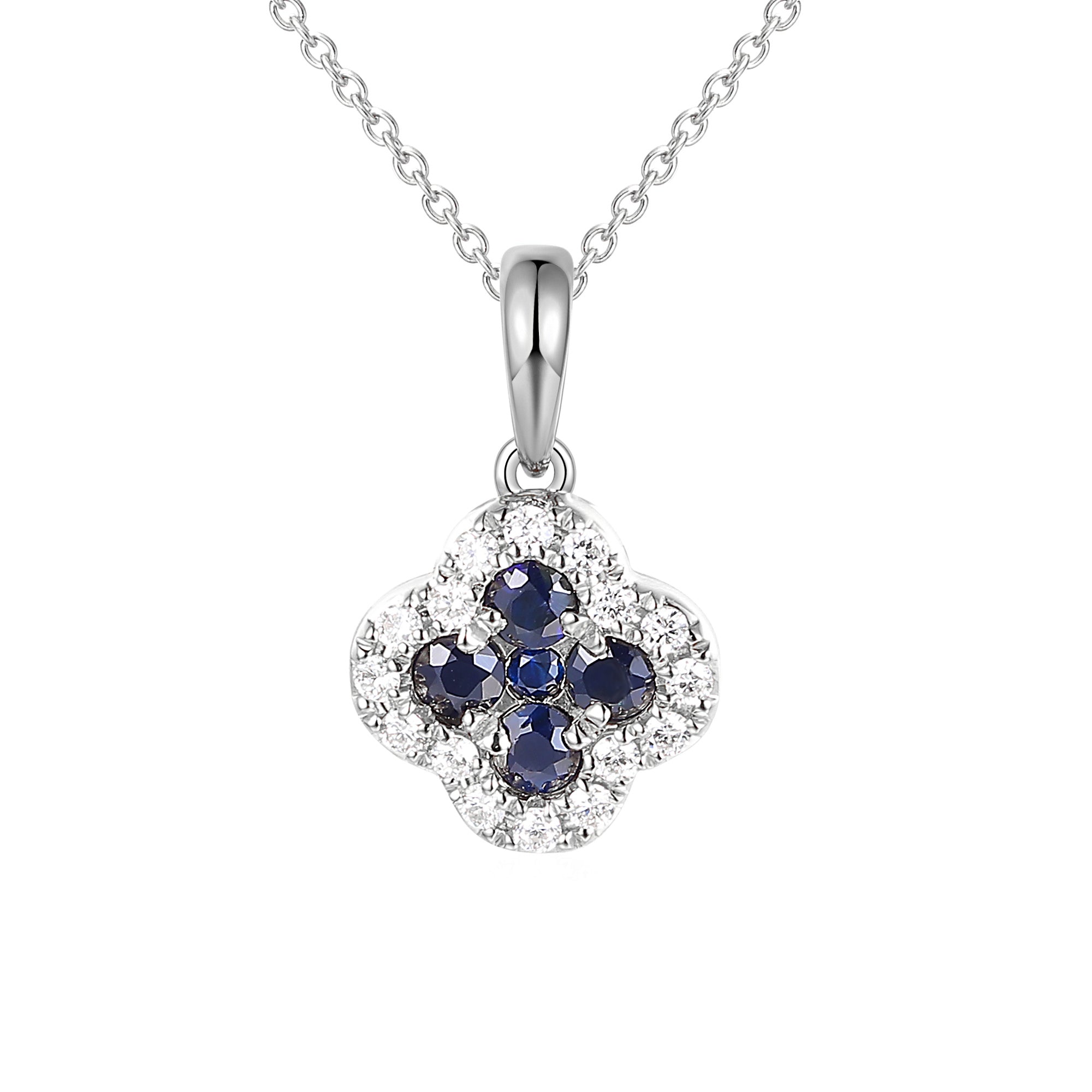 18k White Gold Clover Blue Sapphire And Diamond Cluster Pendant Necklace - The Real Gem
