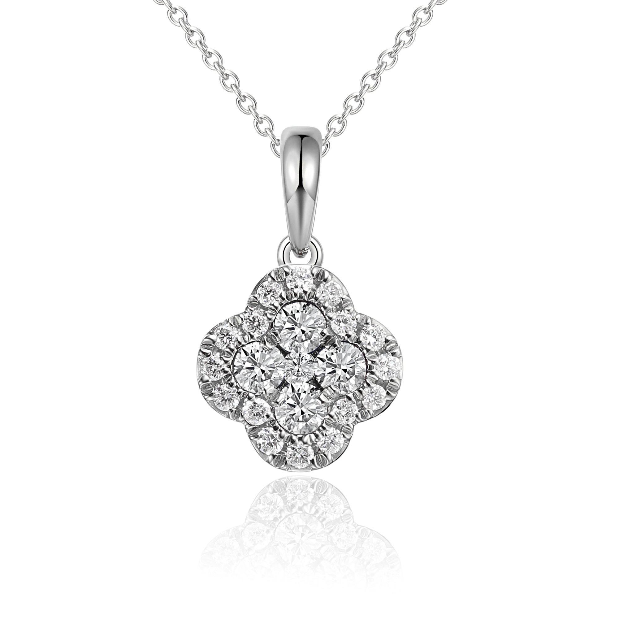 18k White Gold Clover Diamond Cluster Pendant Necklace With 0.47ct G SI Diamonds - The Real Gem