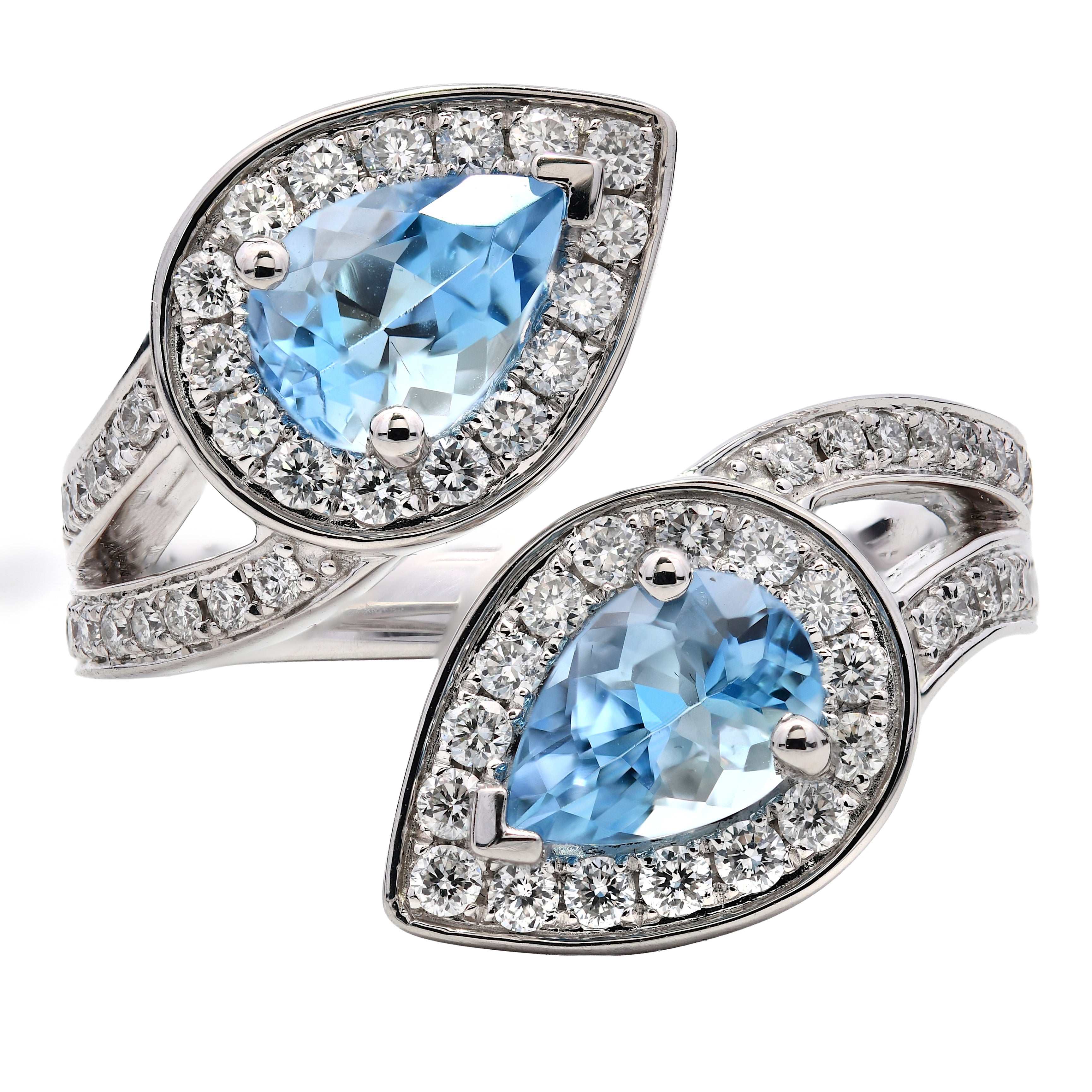 Aqua 1.35ct & Diamond 0.55ct Double Pear Ring in Platinum