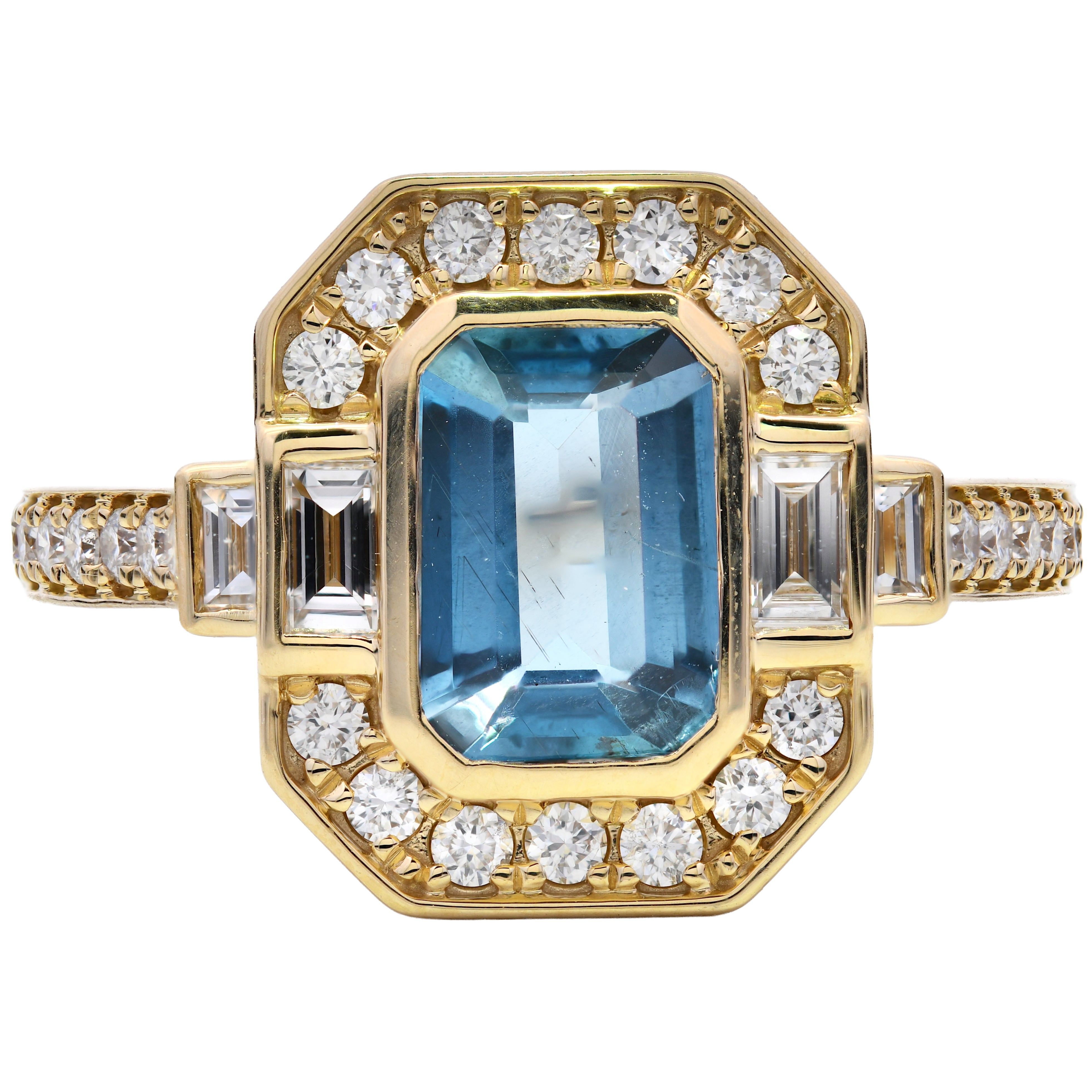 Aquamarine 0.76ct & Diamond 0.49ct Emerald Cut Halo Ring in 18k Yellow Gold