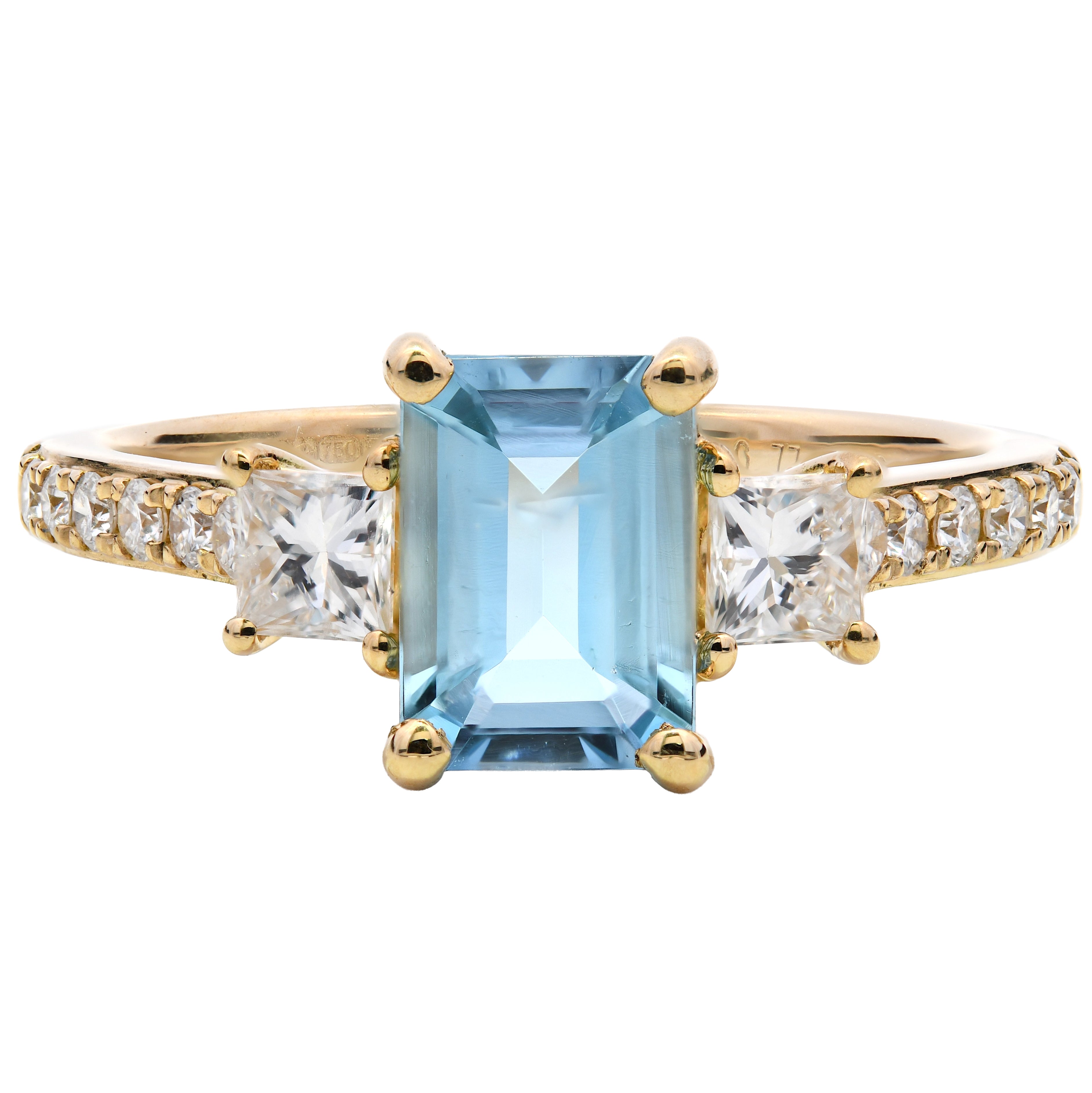 Aqua 0.77ct & Diamond 0.41ct Three-Stone Ring in 18k Yellow Gold