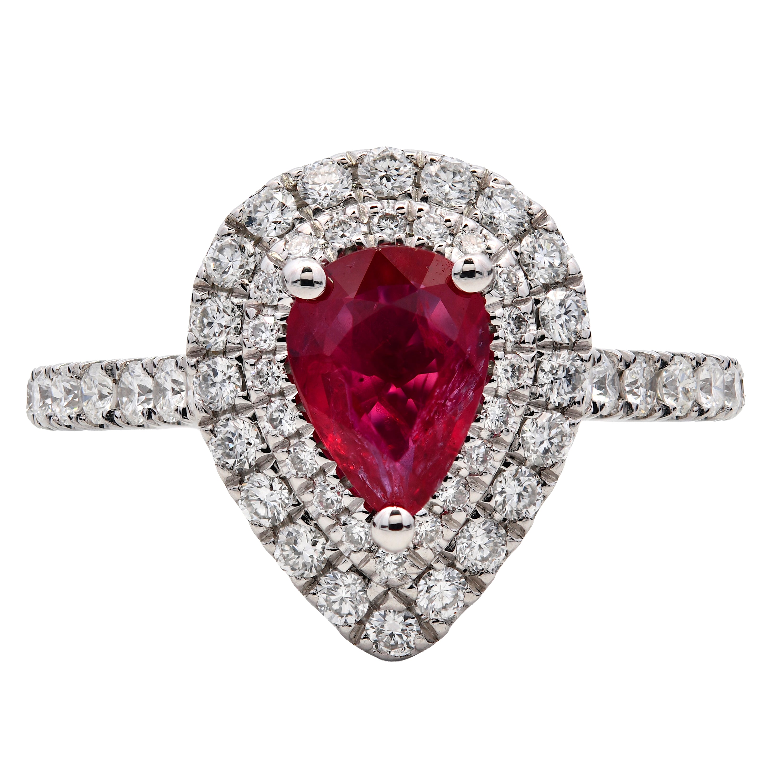 Ruby 0.62ct & Diamond 0.54ct Pear Shape Double Halo Ring in Platinum