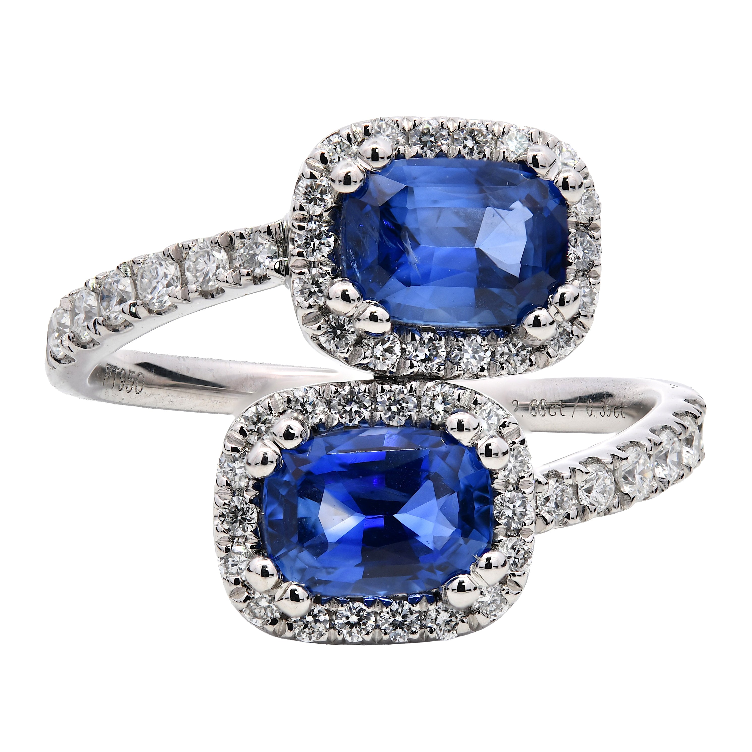 Blue Sapphire 2.00ct & Diamonds 0.39ct Double Halo Crossover Ring in Platinum