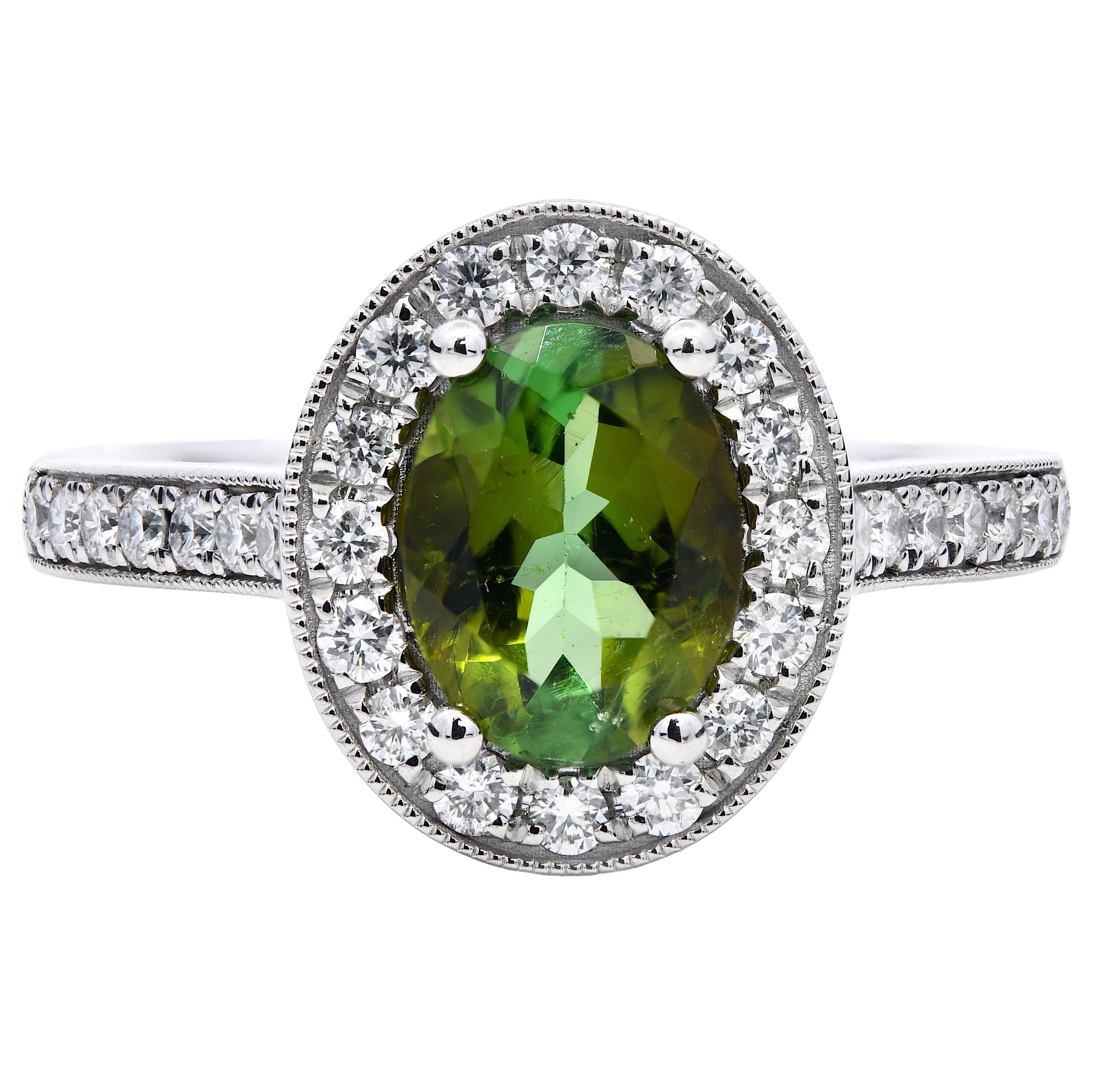 Green Tourmaline 1.20ct & Diamond 0.38ct Halo Ring in Platinum