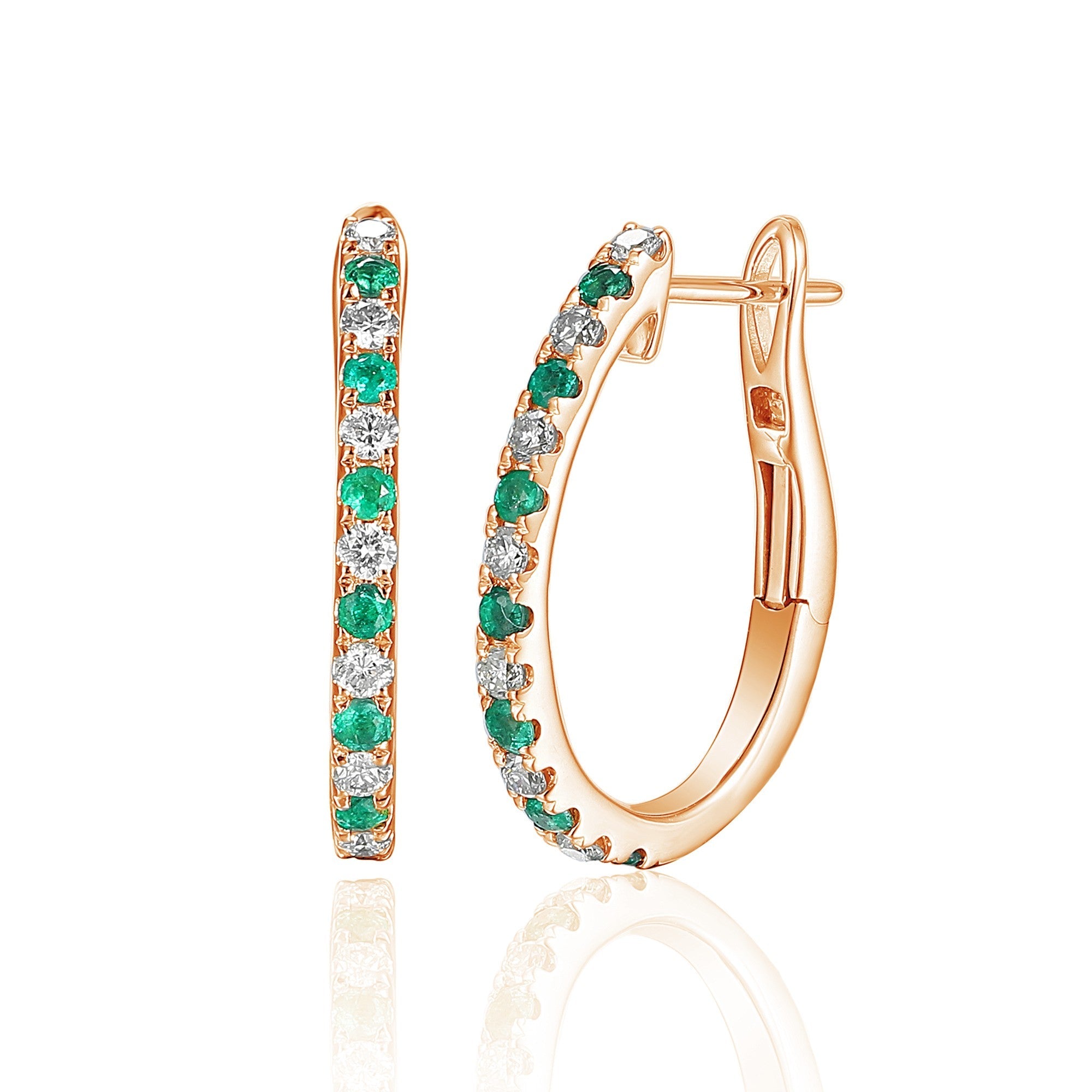 18k Rose Gold Micro Set Round Emerald & Round Diamond Huggie Hoop Earrings -The Real Gem