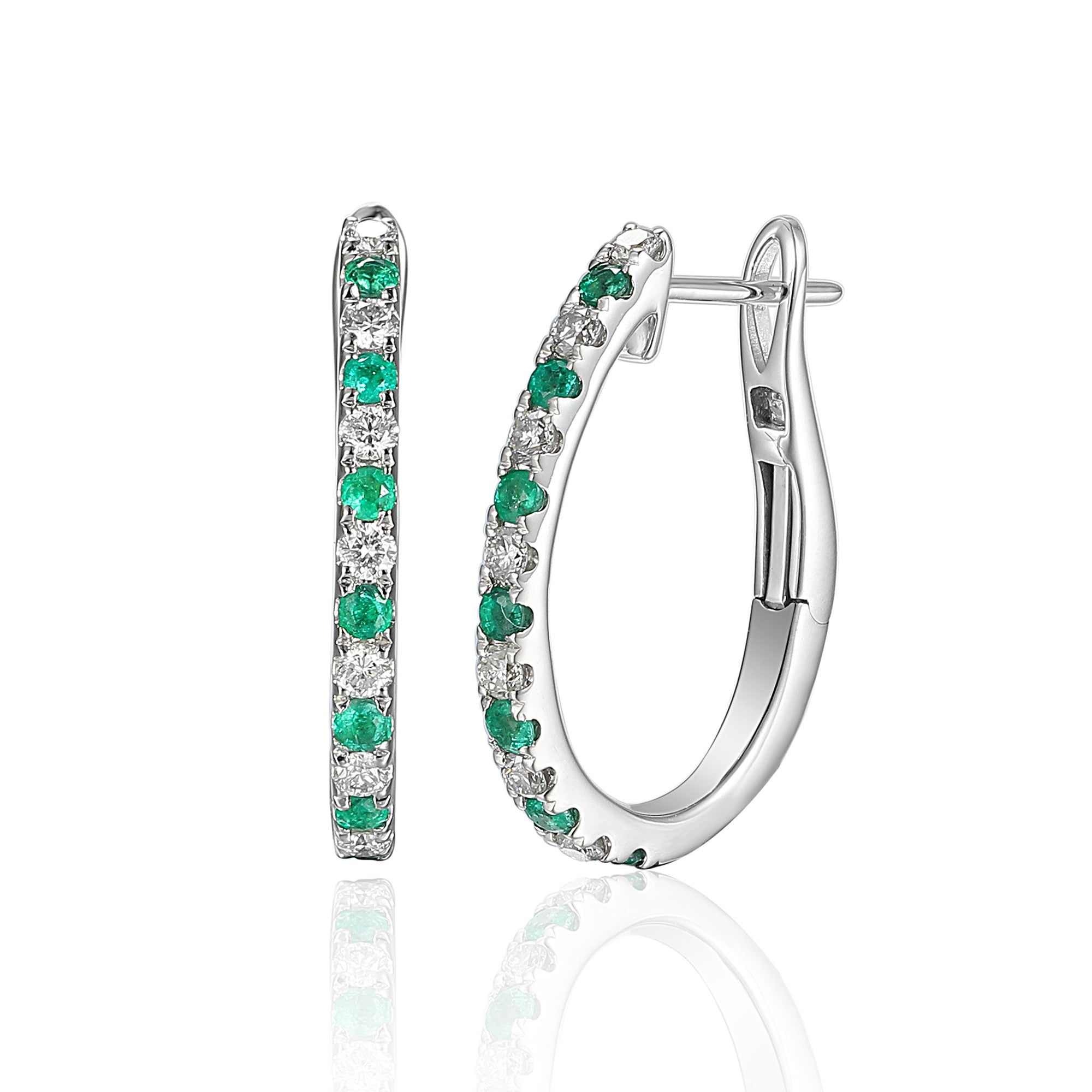 18k White Gold Micro Set Round Emerald & Round Diamond Huggie Hoop Earrings - The Real Gem