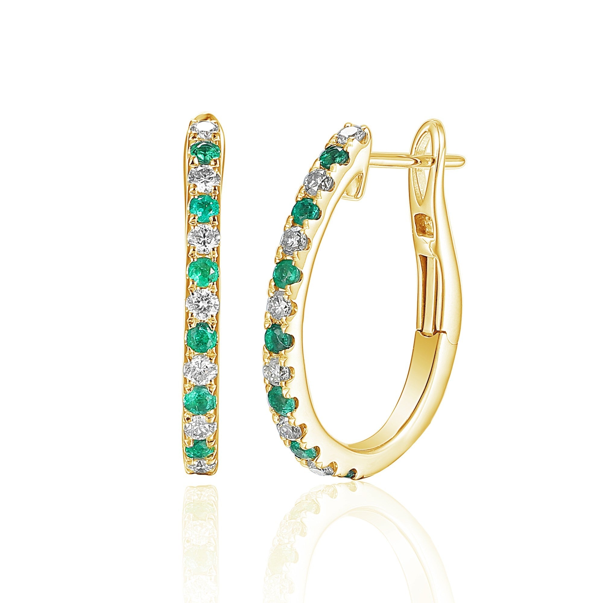 18k Yellow Gold Micro Set Round Emerald & Round Diamond Huggie Hoop Earrings - The Real Gem