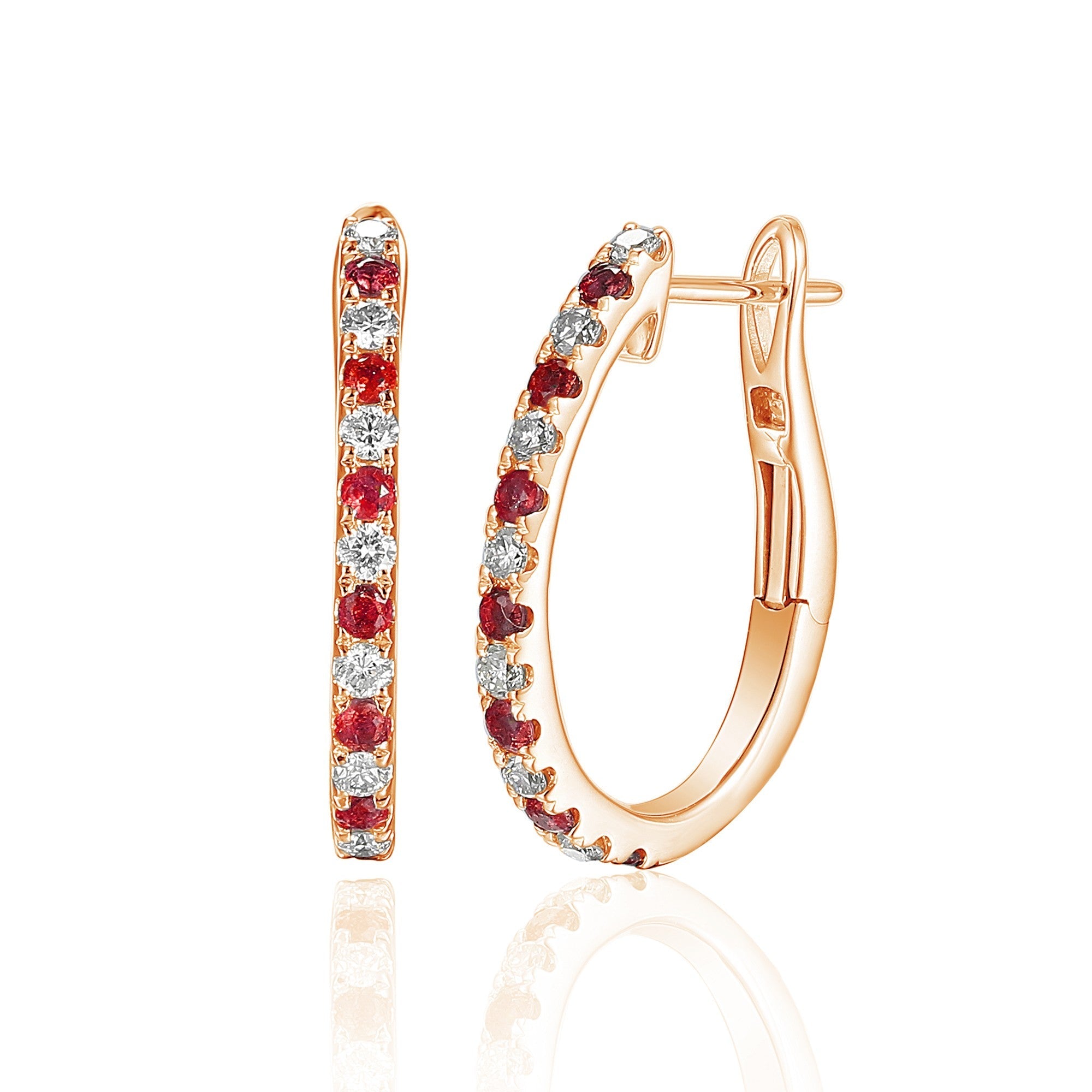 18k Rose Gold Micro Set Round Ruby & Round Diamond Huggie Hoop Earrings - The Real Gem