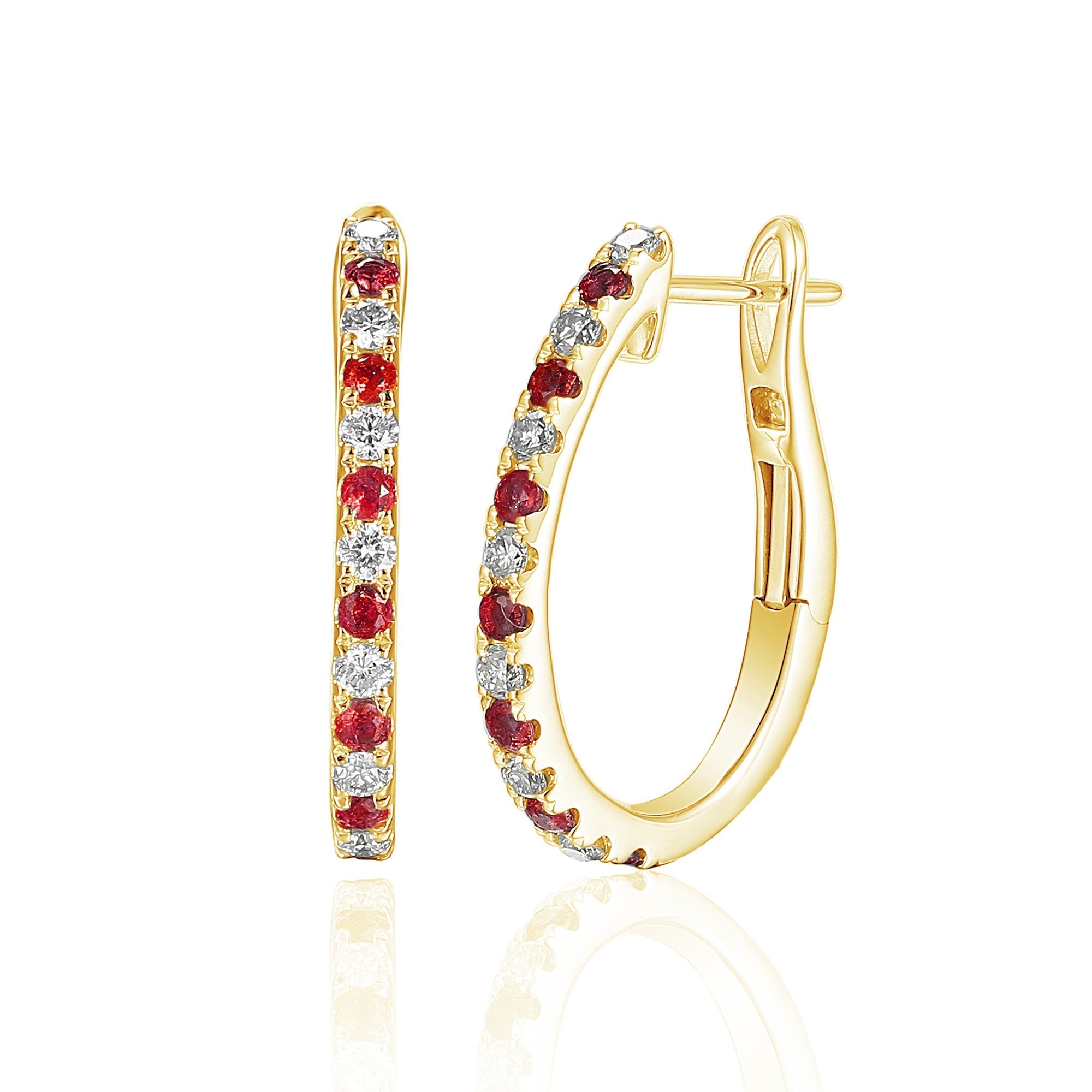 18k Yellow Gold Micro Set Round Ruby & Round Diamond Huggie Hoop Earrings - The Real Gem