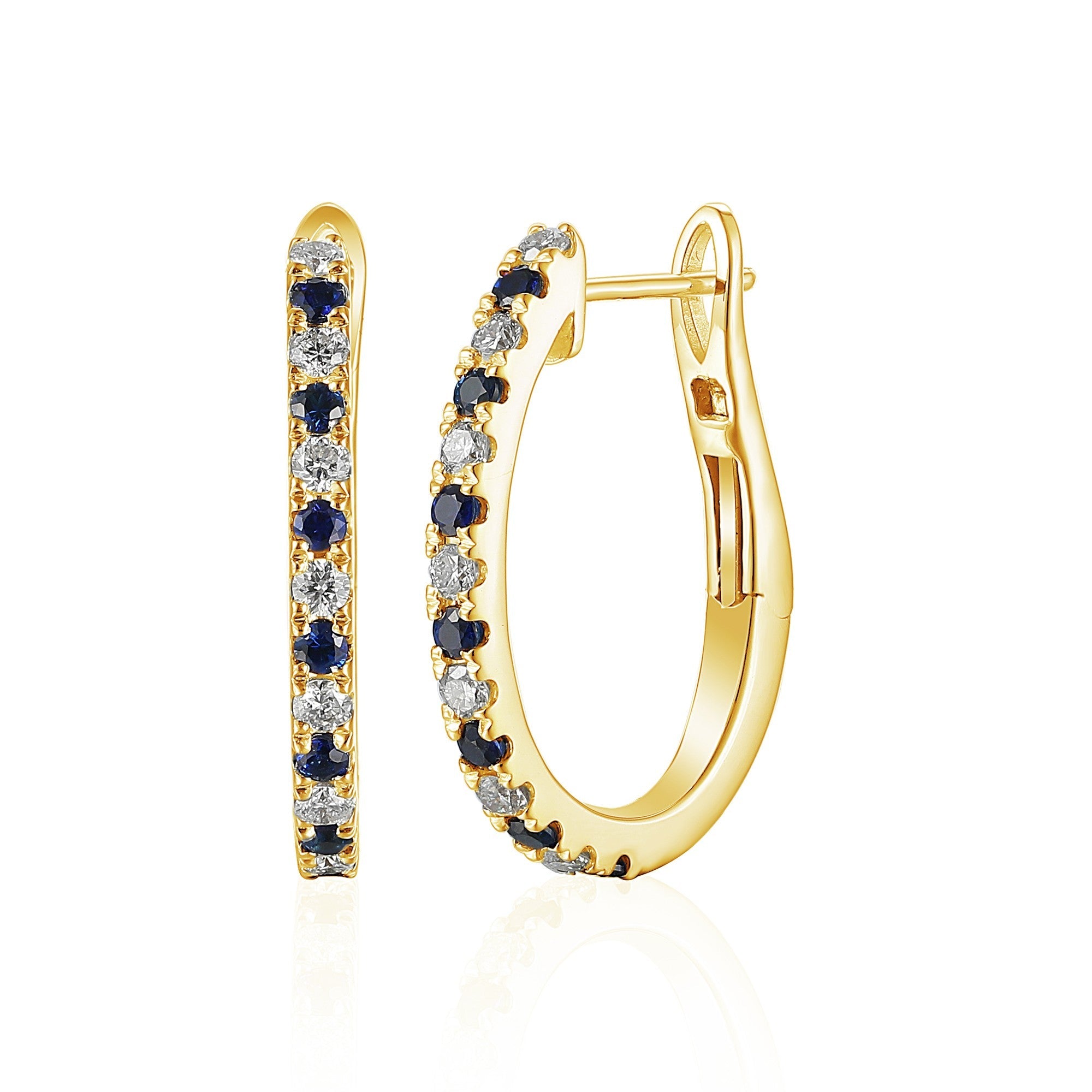 18k Yellow Gold Micro Set Round Blue Sapphire & Round Diamond Huggie Hoop Earrings -The Real Gem
