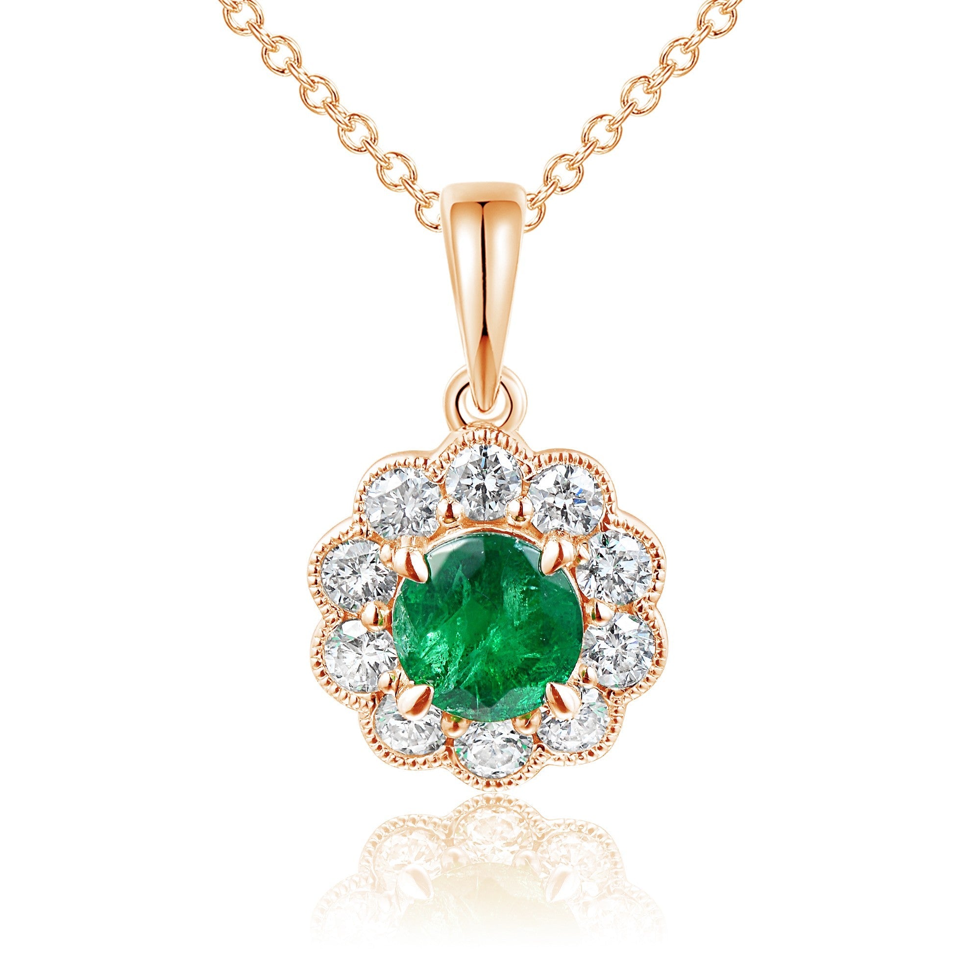 Claw Set Round Emerald & Micro Set Round Diamond Halo Pendant – The Real Gem