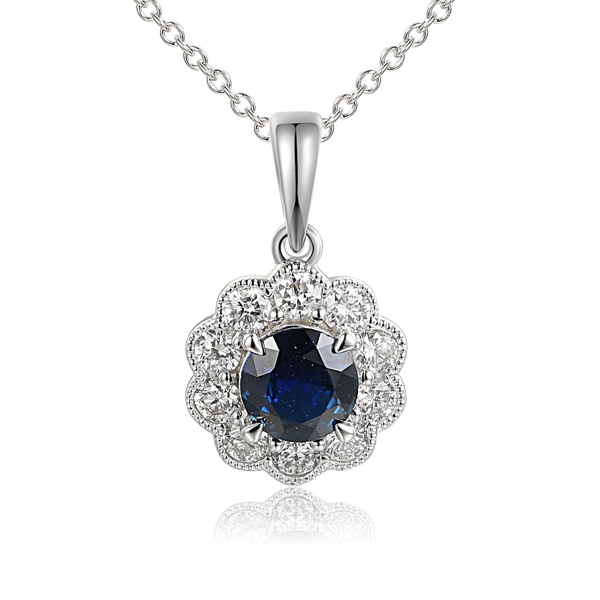 Claw Set Round Sapphire & Micro Set Round Diamond Halo Pendant – The Real Gem